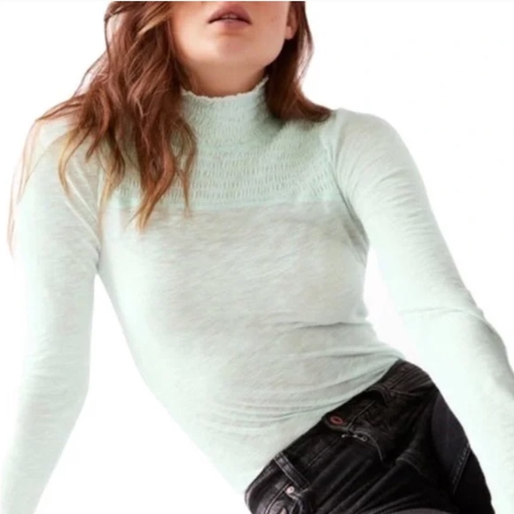 Free People Iced Aqua Caroline Smocked Long Sleeve Top - Picture 1 of 16
